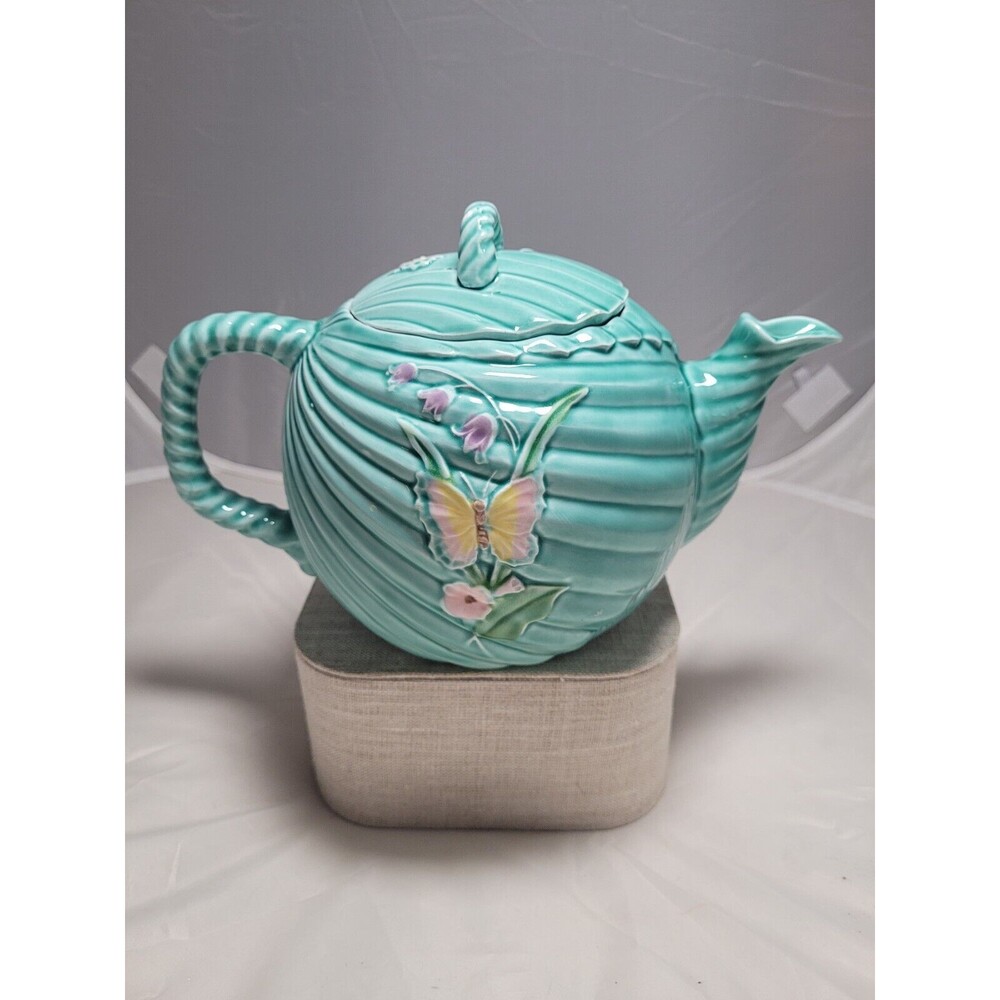 Rare Vtg 1989 Haldon Lily Of The Valley Butterfly Teapot Majolica